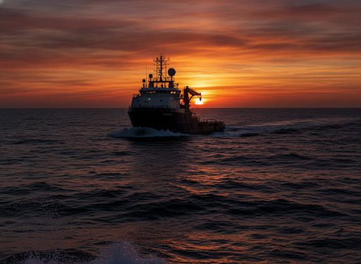 A high-end, professional cinematic photograph of an offshore supply vessel at sea during sunset.