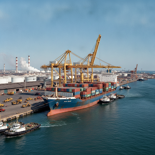 A high-end, professional full-color photograph of a cargo vessel from the 1990s at a busy industrial harbor.
